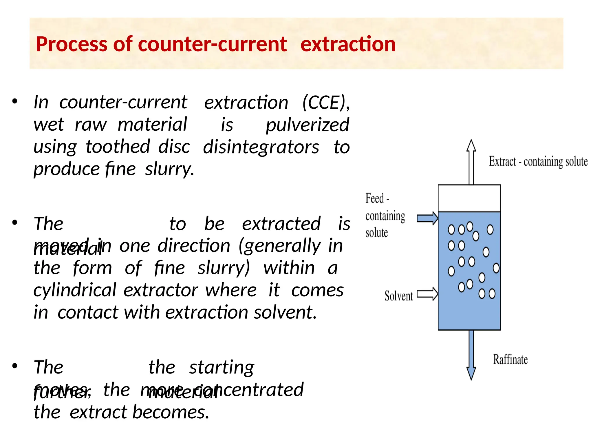 Process of counter-current extraction
• In counter-current
wet raw material
using toothed disc
produce fine slurry.
extraction (CCE),
is pulverized
disintegrators to
• The
material
to be extracted is
moved in one direction (generally in
the form of fine slurry) within a
cylindrical extractor where it comes
in contact with extraction solvent.
• The
further
the starting
material
moves, the more concentrated
the extract becomes.
 