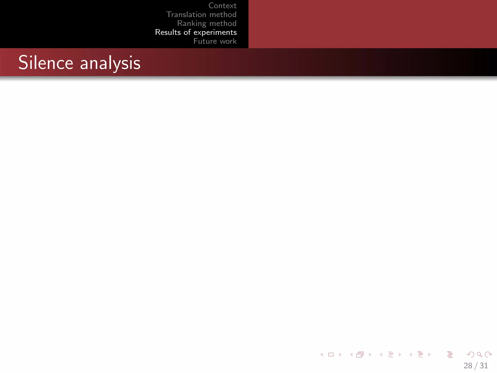 Context
Translation method
Ranking method
Results of experiments
Future work

Silence analysis

28 / 31

 