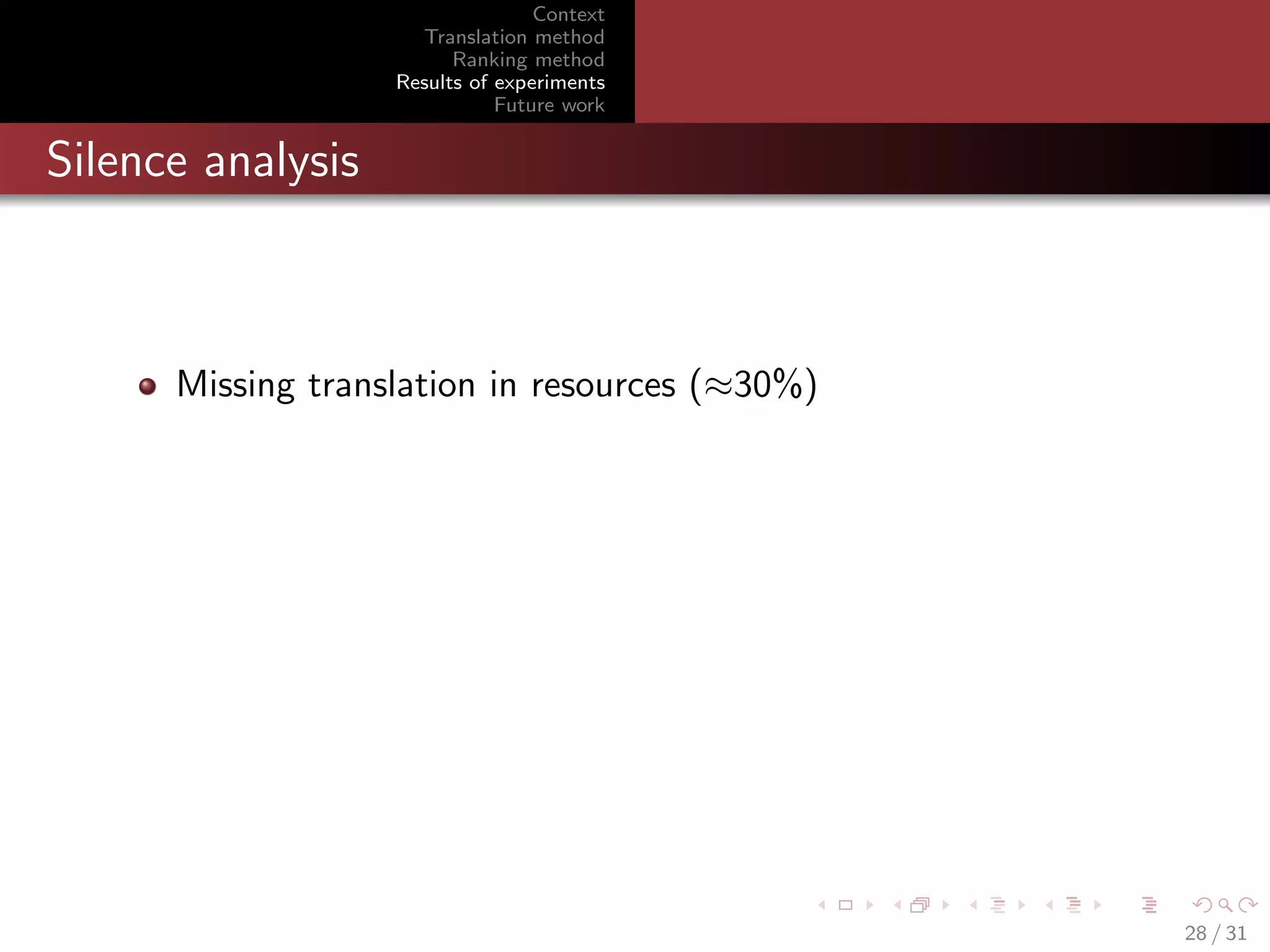 Context
Translation method
Ranking method
Results of experiments
Future work

Silence analysis

Missing translation in resources (≈30%)

28 / 31

 