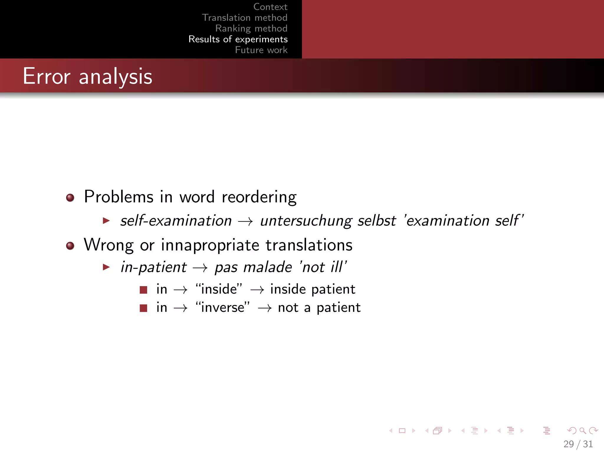 Context
Translation method
Ranking method
Results of experiments
Future work

Error analysis

Problems in word reordering
self-examination → untersuchung selbst ’examination self’

Wrong or innapropriate translations
in-patient → pas malade ’not ill’
in → “inside” → inside patient
in → “inverse” → not a patient

29 / 31

 