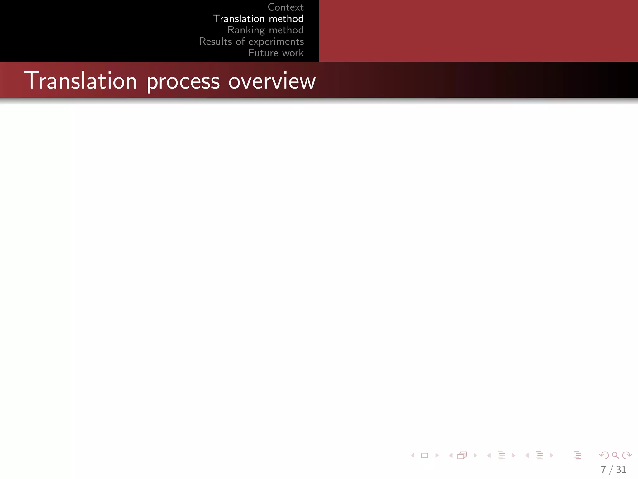 Context
Translation method
Ranking method
Results of experiments
Future work

Translation process overview

7 / 31

 