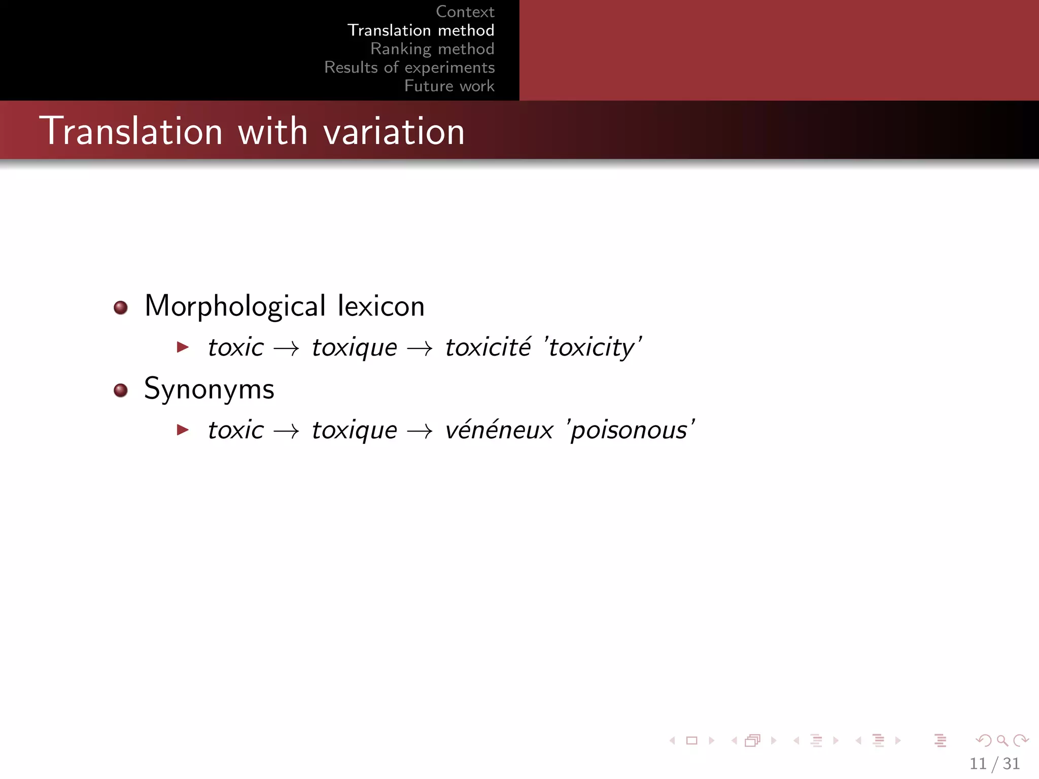 Context
Translation method
Ranking method
Results of experiments
Future work

Translation with variation

Morphological lexicon
toxic → toxique → toxicit´ ’toxicity’
e

Synonyms
toxic → toxique → v´n´neux ’poisonous’
e e

11 / 31

 
