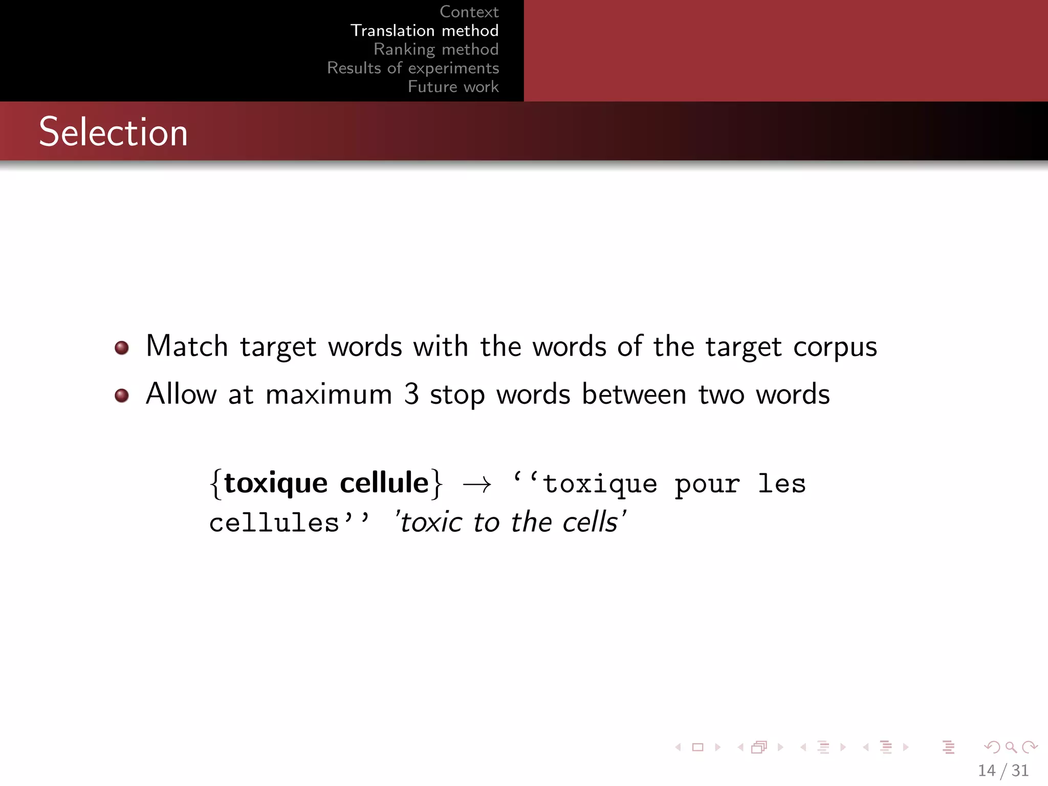 Context
Translation method
Ranking method
Results of experiments
Future work

Selection

Match target words with the words of the target corpus
Allow at maximum 3 stop words between two words
{toxique cellule} → ‘‘toxique pour les
cellules’’ ’toxic to the cells’

14 / 31

 