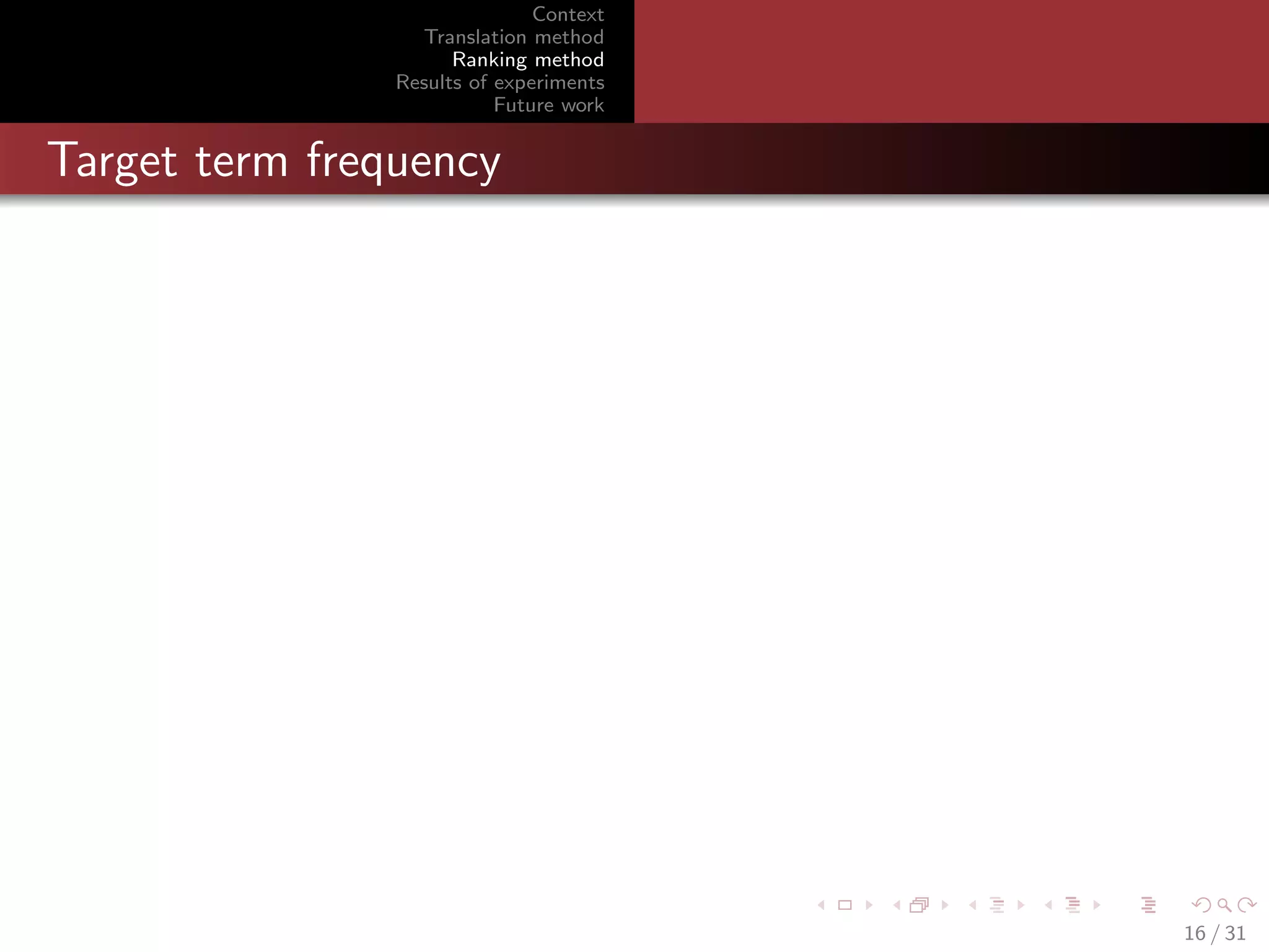 Context
Translation method
Ranking method
Results of experiments
Future work

Target term frequency

16 / 31

 
