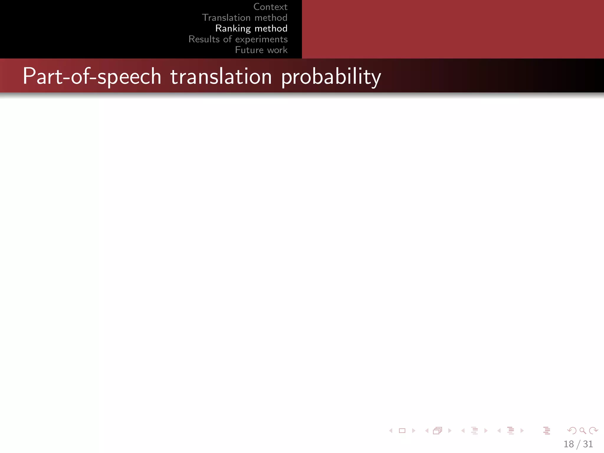 Context
Translation method
Ranking method
Results of experiments
Future work

Part-of-speech translation probability

18 / 31

 
