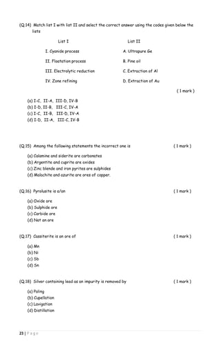 23 | P a g e
(Q.14) Match list I with list II and select the correct answer using the codes given below the
lists
List I List II
I. Cyanide process A. Ultrapure Ge
II. Floatation process B. Pine oil
III. Electrolytic reduction C. Extraction of Al
IV. Zone refining D. Extraction of Au
( 1 mark )
(a) I-C, II-A, III-D, IV-B
(b) I-D, II-B, III-C, IV-A
(c) I-C, II-B, III-D, IV-A
(d) I-D, II-A, III-C, IV-B
(Q.15) Among the following statements the incorrect one is ( 1 mark )
(a) Calamine and siderite are carbonates
(b) Argentite and cuprite are oxides
(c) Zinc blende and iron pyrites are sulphides
(d) Malachite and azurite are ores of copper.
(Q.16) Pyrolusite is a/an ( 1 mark )
(a) Oxide ore
(b) Sulphide ore
(c) Carbide ore
(d) Not an ore
(Q.17) Cassiterite is an ore of ( 1 mark )
(a) Mn
(b) Ni
(c) Sb
(d) Sn
(Q.18) Silver containing lead as an impurity is removed by ( 1 mark )
(a) Poling
(b) Cupellation
(c) Lavigation
(d) Distillation
 