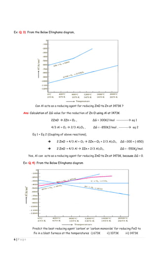 6 | P a g e
Ex: Q 3) From the Below Ellinghams diagram,
Can Al acts as a reducing agent for reducing ZnO to Zn at 1473K ?
Ans: Calculation of ∆G value for the reduction of Zn O using Al at 1473K
2ZnO  2Zn + O2 , ∆G = 300KJ/mol ---------- eq 1
4/3 Al + O2  2/3 Al2O3 , ∆G = -850KJ/mol . -------- eq 2
Eq 1 + Eq 2 (Coupling of above reactions),
 2 ZnO + 4/3 Al + O2  2Zn + O2 + 2/3 Al2O3, ∆G =300 + (-850)
 2 ZnO + 4/3 Al  2Zn + 2/3 Al2O3, ∆G = -550Kj/mol.
Yes, Al can acts as a reducing agent for reducing ZnO to Zn at 1473K, because ∆G < 0.
Ex: Q 4) From the Below Ellinghams diagram
Predict the best reducing agent ‘carbon’ or ‘carbon monoxide’ for reducing FeO to
Fe in a blast furnace at the temperatures i) 673K ii) 1073K iii) 1473K
 