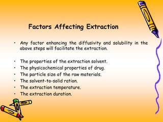 Factors Affecting Extraction
• Any factor enhancing the diffusivity and solubility in the
above steps will facilitate the extraction.
• The properties of the extraction solvent.
• The physicochemical properties of drug.
• The particle size of the raw materials.
• The solvent-to-solid ration.
• The extraction temperature.
• The extraction duration.
 
