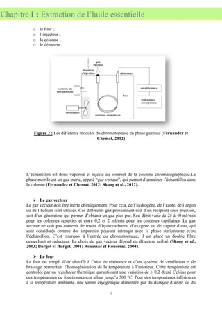 9
Chapitre I : Extraction de l’huile essentielle
o le four ;
o l’injecteur ;
o la colonne ;
o le détecteur.
Figure 2 : Les différents modules du chromatophase en phase gazeuse (Fernandez et
Chemat, 2012)
L’échantillon est donc vaporisé et injecté au sommet de la colonne chromatographique.La
phase mobile est un gaz inerte, appelé “gaz vecteur”, qui permet d’entrainer l’échantillon dans
la colonne (Fernandez et Chemat, 2012; Skoog et al., 2012).
➢ Le gaz vecteur
Le gaz vecteur doit être inerte chimiquement. Pour cela, de l’hydrogène, de l’azote, de l’argon
ou de l’helium sont utilisés. Ces différents gaz proviennent soit d’un récipient sous pression,
soit d’un générateur qui permet d’obtenir un gaz plus pur. Son débit varie de 25 à 40 ml/min
pour les colonnes remplies et entre 0,2 et 2 ml/min pour les colonnes capillaires. Le gaz
vecteur ne doit pas contenir de traces d’hydrocarbures, d’oxygène ou de vapeur d’eau, qui
sont considérés comme des impuretés pouvant interagir avec la phase stationnaire et/ou
l’échantillon. C’est pourquoi à l’entrée du chromatophage, il est placé un double filtre
dessechant et réducteur. Le choix du gaz vecteur dépend du détecteur utilisé (Skoog et al.,
2003; Burgot et Burgot, 2001; Rouessac et Rouessac, 2004).
➢ Le four
Le four est rempli d’air chauffé à l’aide de résistance et d’un système de ventilation et de
brassage permettant l’homogénisation de la température à l’intérieur. Cette température est
controlée par un régulateur thermique garantissant une variation de ± 0,2 degré Celsius pour
des températures de fonctionnement allant jusqu’à 500 °C. Pour des températures inférieures
à la température ambiante, une vanne cryogénique alimentée par du dioxyde d’azote ou du
 
