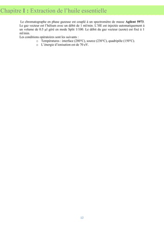 12
Chapitre I : Extraction de l’huile essentielle
Le chromatographe en phase gazeuse est couplé à un spectromètre de masse Agilent 5973.
Le gaz vecteur est l’hélium avec un débit de 1 ml/min. L’HE est injectée automatiquement à
un volume de 0.5 µl géré en mode Split 1/100. Le débit du gaz vecteur (azote) est fixé à 1
ml/min.
Les conditions opératoires sont les suivants :
o Températures : interface (280°C), source (230°C), quadripôle (150°C).
o L’énergie d’ionisation est de 70 eV.
 
