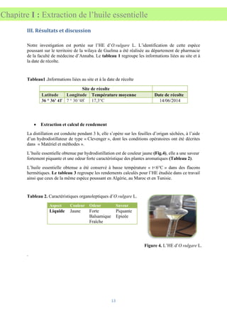 13
Chapitre I : Extraction de l’huile essentielle
III. Résultats et discussion
Notre investigation est portée sur l’HE d’O.vulgare L. L’identification de cette espèce
poussant sur le territoire de la wilaya de Guelma a été réalisée au département de pharmacie
de la faculté de médecine d’Annaba. Le tableau 1 regroupe les informations liées au site et à
la date de récolte.
Tableau1 .Informations liées au site et à la date de récolte
Site de récolte
Latitude Longitude Température moyenne Date de récolte
36 ° 36' 41̋ 7 ° 30 '48̋ 17,3°C 14/06/2014
• Extraction et calcul de rendement
La distillation est conduite pendant 3 h, elle s’opère sur les feuilles d’origan séchées, à l’aide
d’un hydrodistillateur de type « Clevenger », dont les conditions opératoires ont été décrites
dans « Matériel et méthodes ».
L’huile essentielle obtenue par hydrodistillation est de couleur jaune (Fig.4), elle a une saveur
fortement piquante et une odeur forte caractéristique des plantes aromatiques (Tableau 2).
L’huile essentielle obtenue a été conservé à basse température « t<6°C » dans des flacons
hermétiques. Le tableau 3 regroupe les rendements calculés pour l’HE étudiée dans ce travail
ainsi que ceux de la même espèce poussant en Algérie, au Maroc et en Tunisie.
Tableau 2. Caractéristiques organoleptiques d’O.vulgare L.
Aspect Couleur Odeur Saveur
Liquide Jaune Forte
Balsamique
Fraîche
Piquante
Epieée
.
Figure 4. L’HE d’O.vulgare L.
 