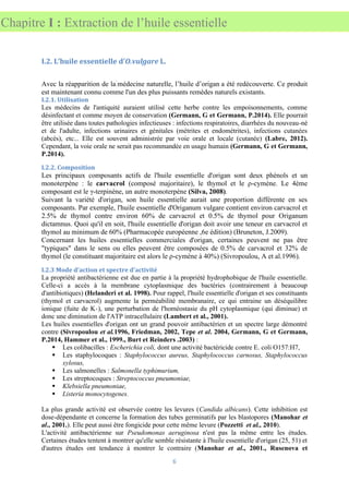 6
Chapitre I : Extraction de l’huile essentielle
I.2. L’huile essentielle d’O.vulgare L.
Avec la réapparition de la médecine naturelle, l’huile d’origan a été redécouverte. Ce produit
est maintenant connu comme l'un des plus puissants remèdes naturels existants.
I.2.1. Utilisation
Les médecins de l'antiquité auraient utilisé cette herbe contre les empoisonnements, comme
désinfectant et comme moyen de conservation (Germann, G et Germann, P.2014). Elle pourrait
être utilisée dans toutes pathologies infectieuses : infections respiratoires, diarrhées du nouveau-né
et de l'adulte, infections urinaires et génitales (métrites et endométrites), infections cutanées
(abcès), etc... Elle est souvent administrée par voie orale et locale (cutanée) (Labre, 2012).
Cependant, la voie orale ne serait pas recommandée en usage humain (Germann, G et Germann,
P.2014).
I.2.2. Composition
Les principaux composants actifs de l'huile essentielle d'origan sont deux phénols et un
monoterpène : le carvacrol (composé majoritaire), le thymol et le ρ-cymène. Le 4ème
composant est le γ-terpinène, un autre monoterpène (Silva, 2008).
Suivant la variété d'origan, son huile essentielle aurait une proportion différente en ses
composants. Par exemple, l'huile essentielle d'Origanum vulgare contient environ carvacrol et
2.5% de thymol contre environ 60% de carvacrol et 0.5% de thymol pour Origanum
dictamnus. Quoi qu'il en soit, l'huile essentielle d'origan doit avoir une teneur en carvacrol et
thymol au minimum de 60% (Pharmacopée européenne ,6e édition) (Bruneton, J.2009).
Concernant les huiles essentielles commerciales d'origan, certaines peuvent ne pas être
"typiques" dans le sens ou elles peuvent être composées de 0.5% de carvacrol et 32% de
thymol (le constituant majoritaire est alors le ρ-cymène à 40%) (Sivropoulou, A et al.1996).
I.2.3 Mode d'action et spectre d'activité
La propriété antibactérienne est due en partie à la propriété hydrophobique de l'huile essentielle.
Celle-ci a accès à la membrane cytoplasmique des bactéries (contrairement à beaucoup
d'antibiotiques) (Helanderi et al. 1998). Pour rappel, l'huile essentielle d'origan et ses constituants
(thymol et carvacrol) augmente la perméabilité membranaire, ce qui entraine un déséquilibre
ionique (fuite de K+), une perturbation de l'homéostasie du pH cytoplasmique (qui diminue) et
donc une diminution de l'ATP intracellulaire (Lambert et al., 2001).
Les huiles essentielles d'origan ont un grand pouvoir antibactérien et un spectre large démontré
contre (Sivropoulou et al.1996, Friedman, 2002, Tepe et al. 2004, Germann, G et Germann,
P.2014, Hammer et al., 1999., Burt et Reinders .2003) :
▪ Les colibacilles : Escherichia coli, dont une activité bactéricide contre E. coli O157:H7,
▪ Les staphylocoques : Staphylococcus aureus, Staphylococcus carnosus, Staphylococcus
xylosus,
▪ Les salmonelles : Salmonella typhimurium,
▪ Les streptocoques : Streptococcus pneumoniae,
▪ Klebsiella pneumoniae,
▪ Listeria monocytogenes.
La plus grande activité est observée contre les levures (Candida albicans). Cette inhibition est
dose-dépendante et concerne la formation des tubes germinatifs par les blastopores (Manohar et
al., 2001.). Elle peut aussi être fongicide pour cette même levure (Pozzetti et al., 2010).
L'activité antibactérienne sur Pseudomonas aeruginosa n'est pas la même entre les études.
Certaines études tentent à montrer qu'elle semble résistante à l'huile essentielle d'origan (25, 51) et
d'autres études ont tendance à montrer le contraire (Manohar et al., 2001., Rusenova et
 