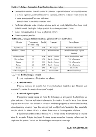 Matière: Techniques d’extraction, de purification et de conservation .
Dr. H. BENABDALLAH
-16-
 La densité du solvant: Il est nécessaire de connaître ce paramètre car c’est lui qui détermine
si la phase organique, contenant le composé à extraire, se trouve au dessus ou en dessous de
la phase aqueuse dans l’ampoule à décanter.
Les solvants d’extraction doivent être aussi:
 Facilement éliminés après extraction et donc avoir un point d’ébullition bas. Leur point
d’ébullition doit être le plus éloigné possible de celui des produits à extraire.
 Inertes chimiquement vis-à-vis de la solution à extraire.
 Peu toxiques que possible.
Tableau 1: Avantages et inconvénients de quelques solvants d’extraction.
Solvants Température
d’ébullition (°C)
Densité Avantages Inconvénients
Cyclohexane 81 0,78 Peu toxique Facilement inflammable
Dichloro-1,2-éthane 83 1,26 Peu inflammable Modérément toxique, vapeurs
irritantes
Dichlorométhane 40 1,34 Facile à éliminer Forme des émulsions, nocif
Ether éthylique 35 0,71 Facile à éliminer Très inflammable
Hexane 69 0,66 Facile à éliminer Très inflammable
Pentane 36 0,63 Facile à éliminer Très inflammable
Toluène 111 0,87 Peu toxique Inflammable
Tricholoroéthylène 87 1,46 Ininflammable Modérément toxique
4. 3. Types d’extraction par solvant
Il existe plusieurs types d’extraction par solvant.
4. 3. 1. Extraction directe
L’espèce chimique est extraite d’un produit naturel par macération puis filtration (par
exemple l’extraction des arômes des zestes d’orange).
4. 3. 2. Extraction liquide-liquide
L’extraction liquide-liquide est l’une des techniques de préparation d’échantillons les
plus anciennes. C’est une opération fondamentale de transfert de matière entre deux phases
liquides non miscibles, sans transfert de chaleur. Cette technique permet d’extraire une substance
dissoute dans un solvant, à l’aide d’un autre solvant, appelé solvant d’extraction, dans lequel elle
est plus soluble. Le solvant initial et le solvant d’extraction ne doivent pas être miscibles.
L’extraction liquide-liquide est réalisée par le contact intime du solvant avec la solution
dans des appareils destinés à mélanger les deux phases (ampoules, colonnes, mélangeurs). La
séparation des phases s’obtient par décantation gravimétrique ou centrifuge.
 