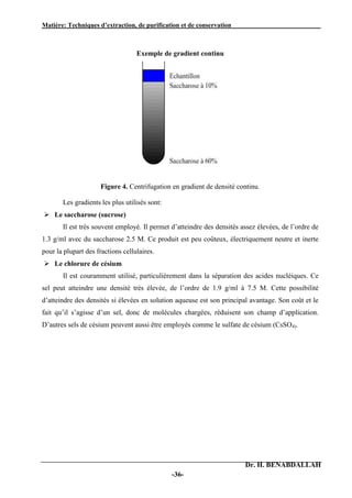 Matière: Techniques d’extraction, de purification et de conservation .
Dr. H. BENABDALLAH
-36-
Exemple de gradient continu
Figure 4. Centrifugation en gradient de densité continu.
Les gradients les plus utilisés sont:
 Le saccharose (sucrose)
Il est très souvent employé. Il permet d’atteindre des densités assez élevées, de l’ordre de
1.3 g/ml avec du saccharose 2.5 M. Ce produit est peu coûteux, électriquement neutre et inerte
pour la plupart des fractions cellulaires.
 Le chlorure de césium
Il est couramment utilisé, particulièrement dans la séparation des acides nucléiques. Ce
sel peut atteindre une densité très élevée, de l’ordre de 1.9 g/ml à 7.5 M. Cette possibilité
d’atteindre des densités si élevées en solution aqueuse est son principal avantage. Son coût et le
fait qu’il s’agisse d’un sel, donc de molécules chargées, réduisent son champ d’application.
D’autres sels de césium peuvent aussi être employés comme le sulfate de césium (CsSO4).
 