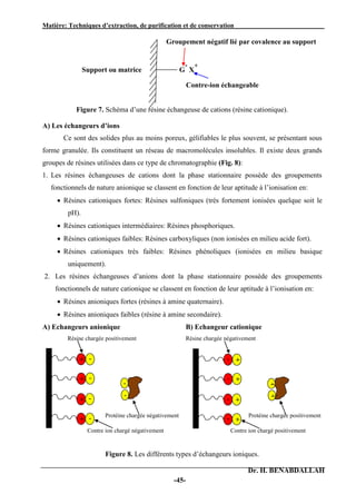 Matière: Techniques d’extraction, de purification et de conservation .
Dr. H. BENABDALLAH
-45-
Groupement négatif lié par covalence au support
Support ou matrice G
-
X
+
Contre-ion échangeable
Figure 7. Schéma d’une résine échangeuse de cations (résine cationique).
A) Les échangeurs d’ions
Ce sont des solides plus au moins poreux, gélifiables le plus souvent, se présentant sous
forme granulée. Ils constituent un réseau de macromolécules insolubles. Il existe deux grands
groupes de résines utilisées dans ce type de chromatographie (Fig. 8):
1. Les résines échangeuses de cations dont la phase stationnaire possède des groupements
fonctionnels de nature anionique se classent en fonction de leur aptitude à l’ionisation en:
 Résines cationiques fortes: Résines sulfoniques (très fortement ionisées quelque soit le
pH).
 Résines cationiques intermédiaires: Résines phosphoriques.
 Résines cationiques faibles: Résines carboxyliques (non ionisées en milieu acide fort).
 Résines cationiques très faibles: Résines phénoliques (ionisées en milieu basique
uniquement).
2. Les résines échangeuses d’anions dont la phase stationnaire possède des groupements
fonctionnels de nature cationique se classent en fonction de leur aptitude à l’ionisation en:
 Résines anioniques fortes (résines à amine quaternaire).
 Résines anioniques faibles (résine à amine secondaire).
A) Echangeurs anionique
Résine chargée positivement
Protéine chargée négativement
Contre ion chargé négativement
B) Echangeur cationique
Résine chargée négativement
Protéine chargée positivement
Contre ion chargé positivement
Figure 8. Les différents types d’échangeurs ioniques.
+
+
-
-
-
-
+
+
+
+
-
-
+
+
+
+
-
-
-
-
 