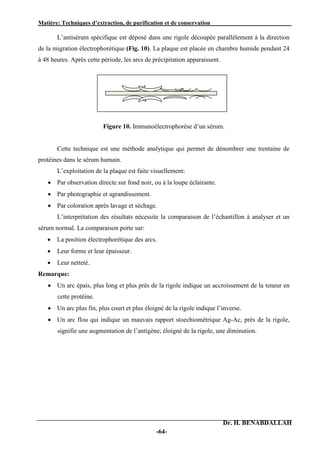 Matière: Techniques d’extraction, de purification et de conservation .
Dr. H. BENABDALLAH
-64-
L’antisérum spécifique est déposé dans une rigole découpée parallèlement à la direction
de la migration électrophorétique (Fig. 10). La plaque est placée en chambre humide pendant 24
à 48 heures. Après cette période, les arcs de précipitation apparaissent.
Figure 10. Immunoélectrophorèse d’un sérum.
Cette technique est une méthode analytique qui permet de dénombrer une trentaine de
protéines dans le sérum humain.
L’exploitation de la plaque est faite visuellement:
 Par observation directe sur fond noir, ou à la loupe éclairante.
 Par photographie et agrandissement.
 Par coloration après lavage et séchage.
L’interprétation des résultats nécessite la comparaison de l’échantillon à analyser et un
sérum normal. La comparaison porte sur:
 La position électrophorétique des arcs.
 Leur forme et leur épaisseur.
 Leur netteté.
Remarque:
 Un arc épais, plus long et plus près de la rigole indique un accroissement de la teneur en
cette protéine.
 Un arc plus fin, plus court et plus éloigné de la rigole indique l’inverse.
 Un arc flou qui indique un mauvais rapport stoechiométrique Ag-Ac, près de la rigole,
signifie une augmentation de l’antigène; éloigné de la rigole, une diminution.
 