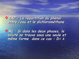 EXP : La répartition du phénolEXP : La répartition du phénol
entre l’eau et le dichlorométhane .entre l’eau et le dichlorométhane .
Rq : Si dans les deux phases, leRq : Si dans les deux phases, le
soluté se trouve sous une seule etsoluté se trouve sous une seule et
même forme dans ce cas : D= λmême forme dans ce cas : D= λ
 