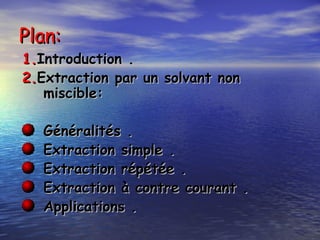 Plan:Plan:
1.1.Introduction .Introduction .
2.2.Extraction par un solvant nonExtraction par un solvant non
miscible:miscible:
Généralités .Généralités .
Extraction simple .Extraction simple .
Extraction répétée .Extraction répétée .
Extraction à contre courant .Extraction à contre courant .
Applications .Applications .
 