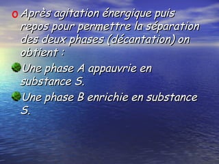 oAprès agitation énergique puisAprès agitation énergique puis
repos pour permettre la séparationrepos pour permettre la séparation
des deux phases (décantation) ondes deux phases (décantation) on
obtient :obtient :
Une phase A appauvrie enUne phase A appauvrie en
substance S.substance S.
Une phase B enrichie en substanceUne phase B enrichie en substance
S.S.
 