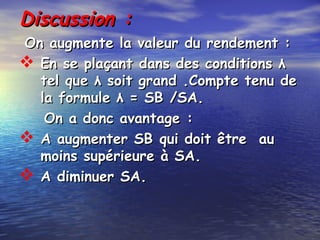 Discussion :Discussion :
On augmente la valeur du rendement :On augmente la valeur du rendement :
 En se plaçant dans des conditions λEn se plaçant dans des conditions λ
tel que λ soit grand .Compte tenu detel que λ soit grand .Compte tenu de
la formule λ = SB /SA.la formule λ = SB /SA.
On a donc avantage :On a donc avantage :
 A augmenter SB qui doit être auA augmenter SB qui doit être au
moins supérieure à SA.moins supérieure à SA.
 A diminuer SA.A diminuer SA.
 