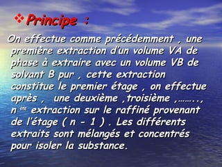 Principe :Principe :
On effectue comme précédemment , uneOn effectue comme précédemment , une
première extraction d’un volume VA depremière extraction d’un volume VA de
phase à extraire avec un volume VB dephase à extraire avec un volume VB de
solvant B pur , cette extractionsolvant B pur , cette extraction
constitue le premier étage , on effectueconstitue le premier étage , on effectue
après , une deuxième ,troisième ,……..,après , une deuxième ,troisième ,……..,
nn émeéme
extraction sur le raffiné provenantextraction sur le raffiné provenant
de l’étage ( n - 1 ) . Les différentsde l’étage ( n - 1 ) . Les différents
extraits sont mélangés et concentrésextraits sont mélangés et concentrés
pour isoler la substance.pour isoler la substance.
 