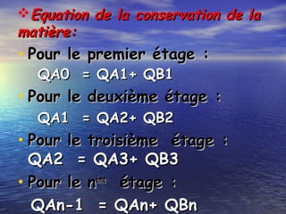 Equation de la conservation de laEquation de la conservation de la
matière:matière:
• Pour le premier étage :Pour le premier étage :
QA0 = QA1+ QB1QA0 = QA1+ QB1
• Pour le deuxième étage :Pour le deuxième étage :
QA1 = QA2+ QB2QA1 = QA2+ QB2
• Pour le troisième étage :Pour le troisième étage :
QA2 = QA3+ QB3QA2 = QA3+ QB3
• Pour le nPour le nèmeème
étage :étage :
QAn-1 = QAn+ QBnQAn-1 = QAn+ QBn
 
