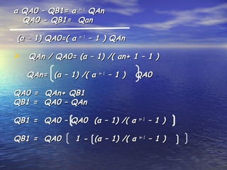 α QA0 – QB1= αα QA0 – QB1= α n+ 1n+ 1
QAnQAn
QA0 - QB1= QanQA0 - QB1= Qan
(α – 1) QA0=( α(α – 1) QA0=( α n+ 1n+ 1
– 1 ) QAn– 1 ) QAn
 QAn / QA0= (α – 1) /( αn+ 1 – 1 )QAn / QA0= (α – 1) /( αn+ 1 – 1 )
QAn= (α – 1) /( αQAn= (α – 1) /( α n+ 1n+ 1
– 1 ) QA0– 1 ) QA0
QA0 = QAn+ QB1QA0 = QAn+ QB1
QB1 = QA0 – QAnQB1 = QA0 – QAn
QB1 = QA0 – QA0 (α – 1) /( αQB1 = QA0 – QA0 (α – 1) /( α n+ 1n+ 1
– 1 )– 1 )
QB1 = QA0QB1 = QA0 1 - (α – 1) /( α1 - (α – 1) /( α n+ 1n+ 1
– 1 )– 1 )
 