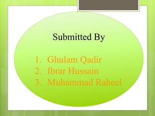 Submitted By
1. Ghulam Qadir
2. Ibrar Hussain
3. Muhammad Raheel
 