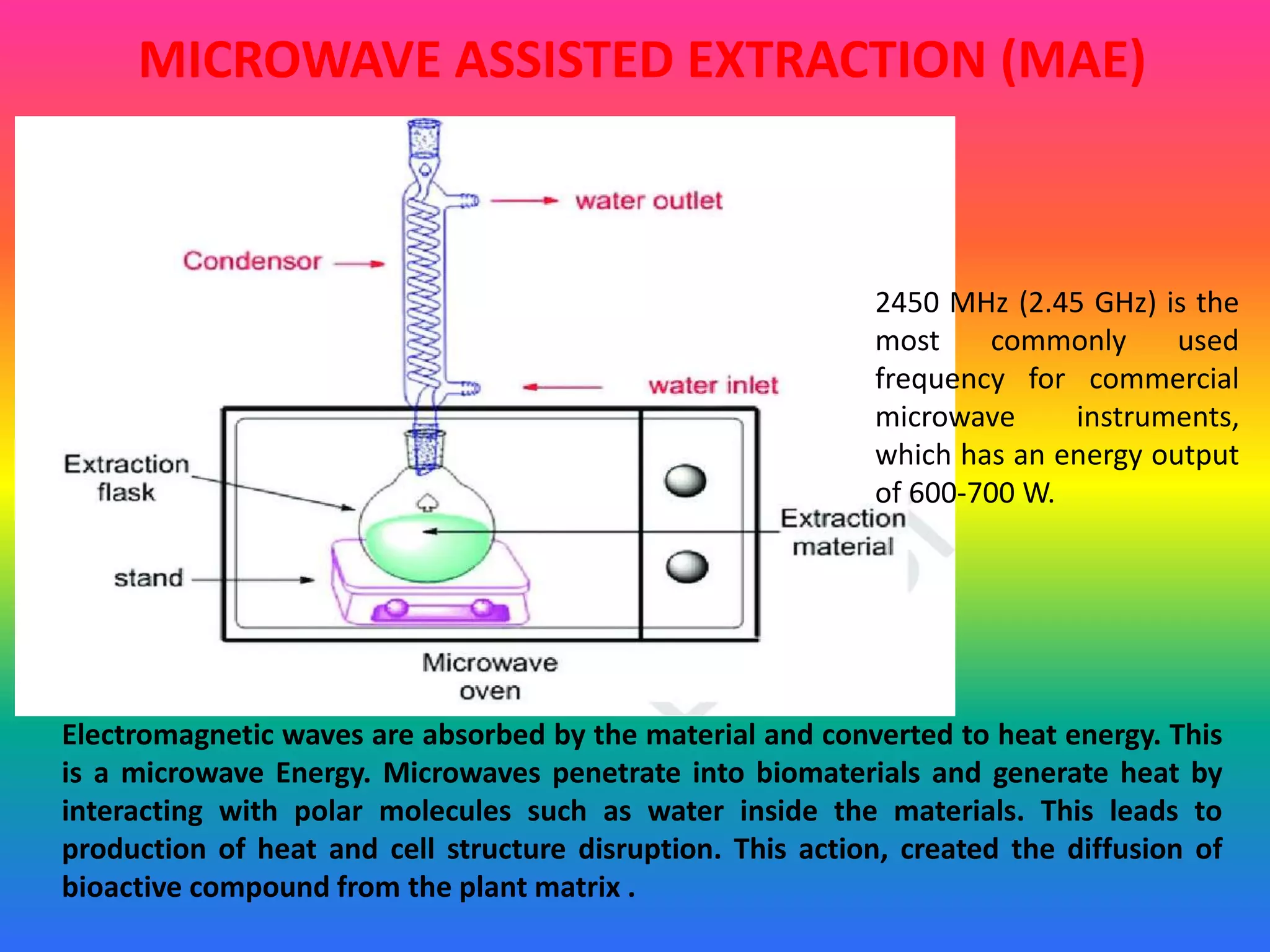 MICROWAVE ASSISTED EXTRACTION (MAE)
Electromagnetic waves are absorbed by the material and converted to heat energy. This
is a microwave Energy. Microwaves penetrate into biomaterials and generate heat by
interacting with polar molecules such as water inside the materials. This leads to
production of heat and cell structure disruption. This action, created the diffusion of
bioactive compound from the plant matrix .
2450 MHz (2.45 GHz) is the
most commonly used
frequency for commercial
microwave instruments,
which has an energy output
of 600-700 W.
 