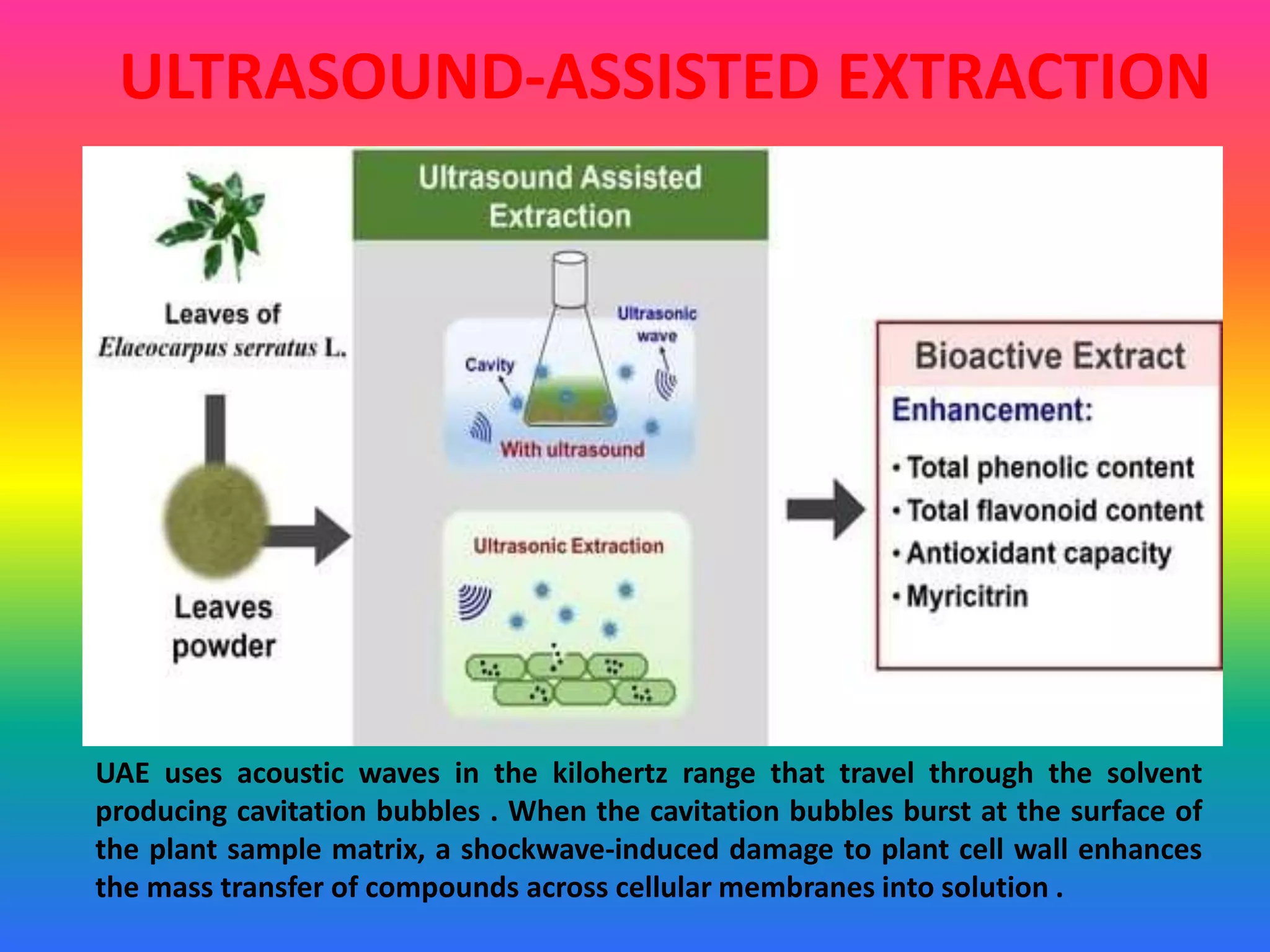 ULTRASOUND-ASSISTED EXTRACTION
UAE uses acoustic waves in the kilohertz range that travel through the solvent
producing cavitation bubbles . When the cavitation bubbles burst at the surface of
the plant sample matrix, a shockwave-induced damage to plant cell wall enhances
the mass transfer of compounds across cellular membranes into solution .
 