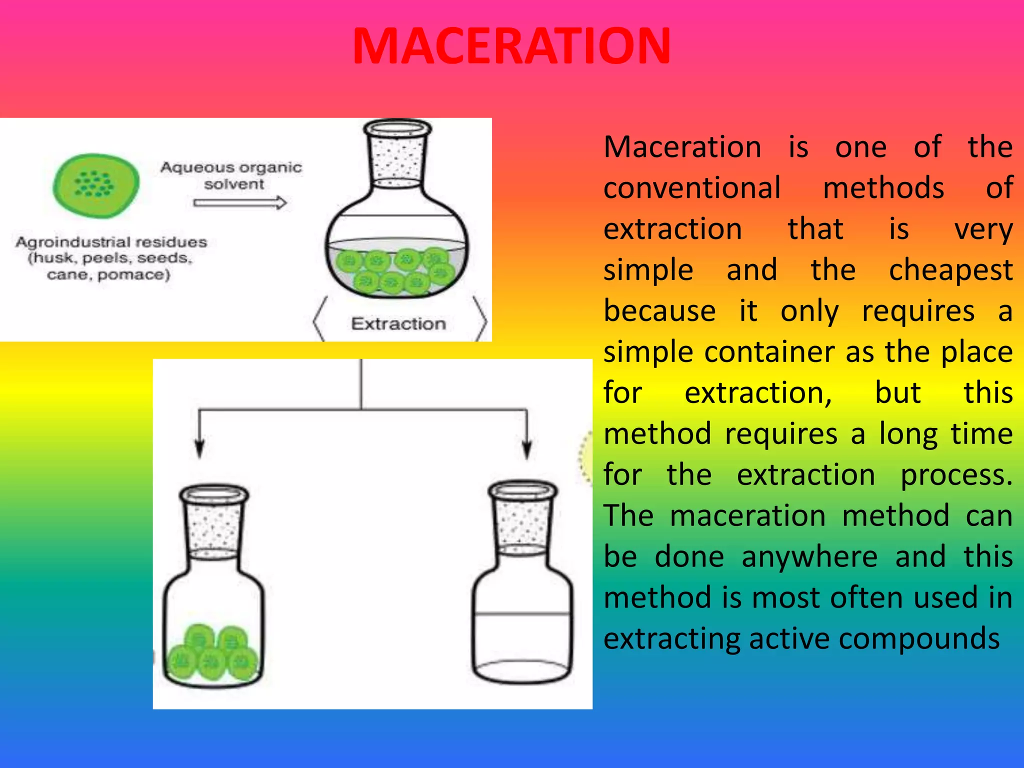 MACERATION
Maceration is one of the
conventional methods of
extraction that is very
simple and the cheapest
because it only requires a
simple container as the place
for extraction, but this
method requires a long time
for the extraction process.
The maceration method can
be done anywhere and this
method is most often used in
extracting active compounds
 