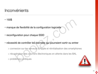 boolaz.com
Inconvénients
• 150$

• manque de ﬂexibilité de la conﬁguration logicielle 

• reconﬁguration pour chaque SSID

• nécessité de contrôler les données qui pourraient sortir ou entrer

> connexion sur les serveurs d'Apple et réinitialisation des smartphones

> récupération des courriers électroniques en attente dans les BAL

> problèmes juridiques
11
 