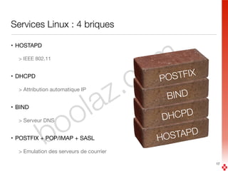 boolaz.com
Services Linux : 4 briques
• HOSTAPD

> IEEE 802.11

• DHCPD

> Attribution automatique IP

• BIND

> Serveur DNS

• POSTFIX + POP/IMAP + SASL

> Emulation des serveurs de courrier
17
HOSTAPD
DHCPD
BIND
POSTFIX
 