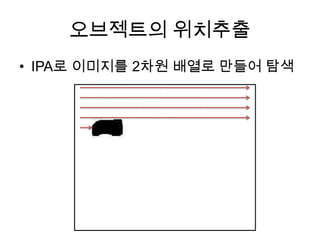 오브젝트의 위치추출
• IPA로 이미지를 2차원 배열로 만들어 탐색
 