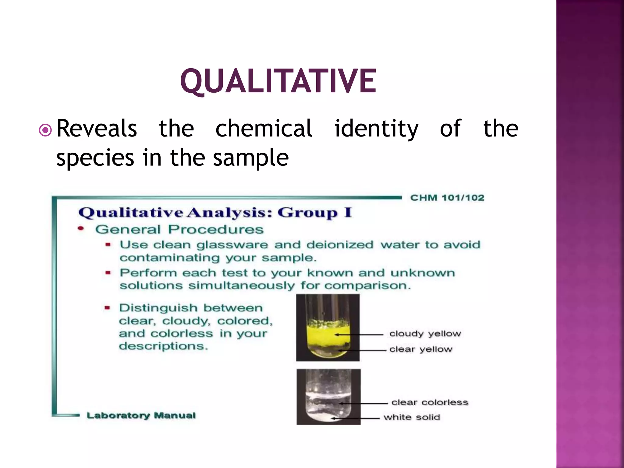 Reveals the chemical identity of the
species in the sample
 