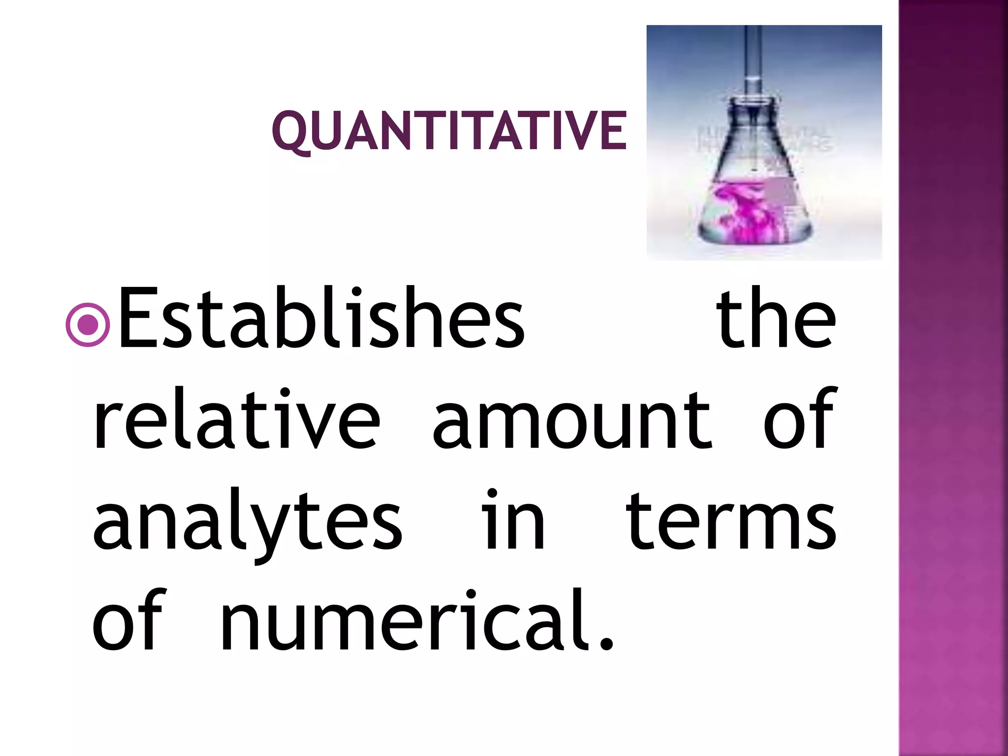 Establishes the
relative amount of
analytes in terms
of numerical.
 
