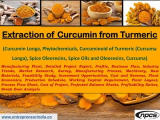 www.entrepreneurindia.co
Extraction of Curcumin from Turmeric
(Curcumin Longa, Phytochemicals, Curcuminoid of Turmeric (Curcuma
Longa), Spice Oleoresins, Spice Oils and Oleoresins, Curcuma)
Manufacturing Plant, Detailed Project Report, Profile, Business Plan, Industry
Trends, Market Research, Survey, Manufacturing Process, Machinery, Raw
Materials, Feasibility Study, Investment Opportunities, Cost and Revenue, Plant
Economics, Production Schedule, Working Capital Requirement, Plant Layout,
Process Flow Sheet, Cost of Project, Projected Balance Sheets, Profitability Ratios,
Break Even Analysis
 
