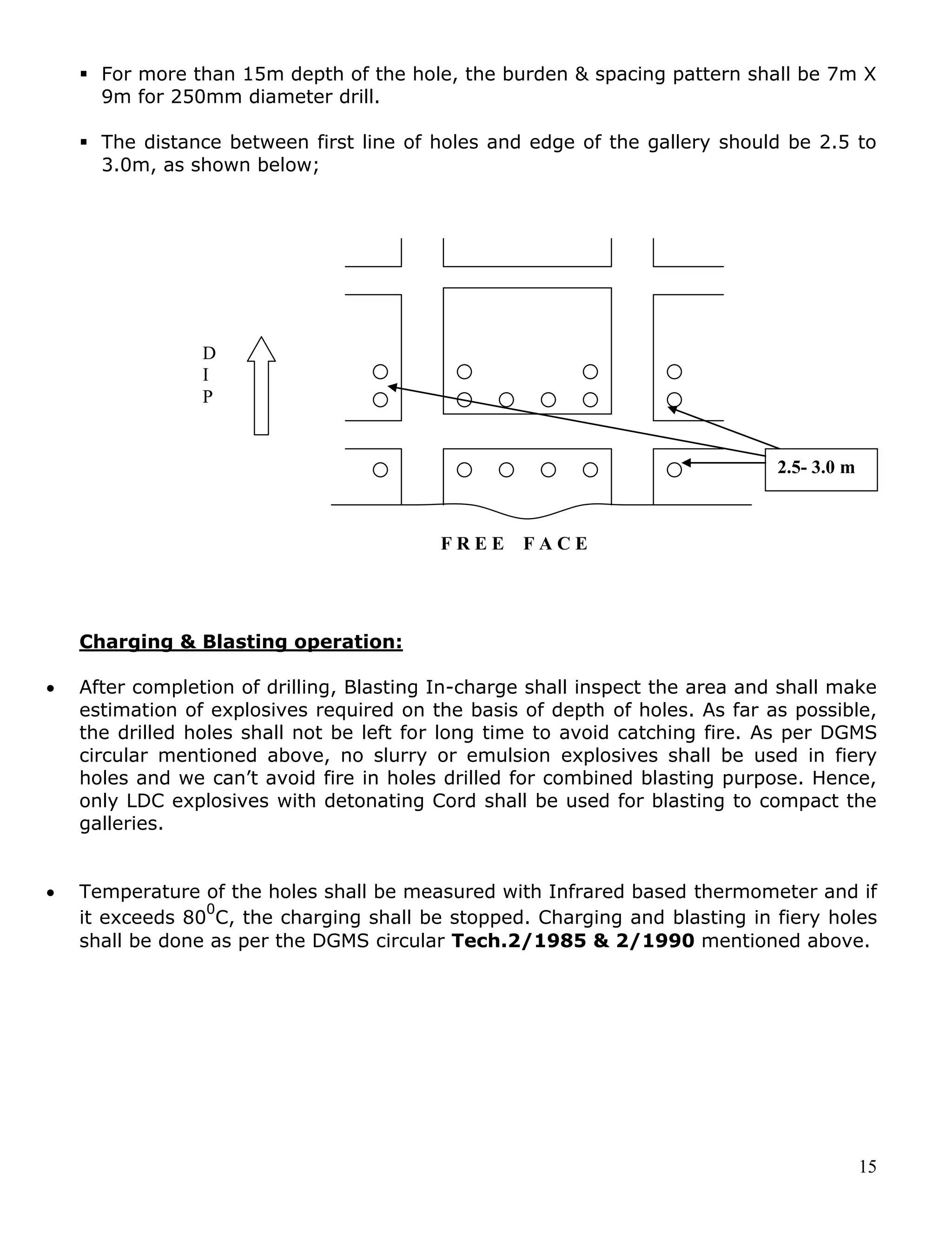 15
 For more than 15m depth of the hole, the burden & spacing pattern shall be 7m X
9m for 250mm diameter drill.
 The distance between first line of holes and edge of the gallery should be 2.5 to
3.0m, as shown below;
Charging & Blasting operation:
 After completion of drilling, Blasting In-charge shall inspect the area and shall make
estimation of explosives required on the basis of depth of holes. As far as possible,
the drilled holes shall not be left for long time to avoid catching fire. As per DGMS
circular mentioned above, no slurry or emulsion explosives shall be used in fiery
holes and we can’t avoid fire in holes drilled for combined blasting purpose. Hence,
only LDC explosives with detonating Cord shall be used for blasting to compact the
galleries.
 Temperature of the holes shall be measured with Infrared based thermometer and if
it exceeds 80
0
C, the charging shall be stopped. Charging and blasting in fiery holes
shall be done as per the DGMS circular Tech.2/1985 & 2/1990 mentioned above.
D
I
P
2.5- 3.0 m
F R E E F A C E
 