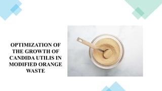 OPTIMIZATION OF
THE GROWTH OF
CANDIDA UTILIS IN
MODIFIED ORANGE
WASTE
 
