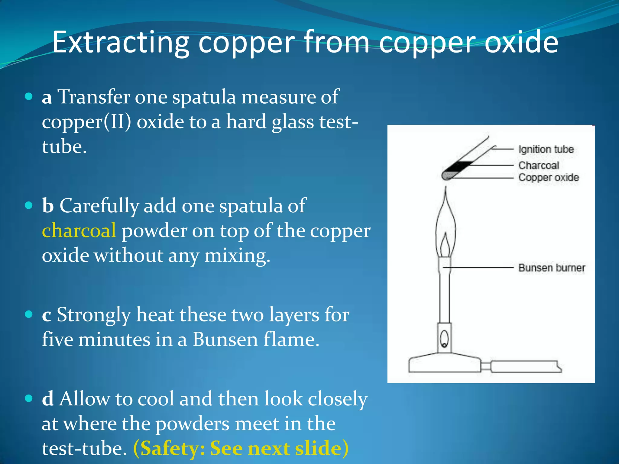 Extracting copper from copper oxidea Transfer one spatula measure of copper(II) oxide to a hard glass test-tube.b Carefully add one spatula of charcoal powder on top of the copper oxide without any mixing.c Strongly heat these two layers for five minutes in a Bunsen flame.d Allow to cool and then look closely at where the powders meet in the test-tube. (Safety: See next slide)