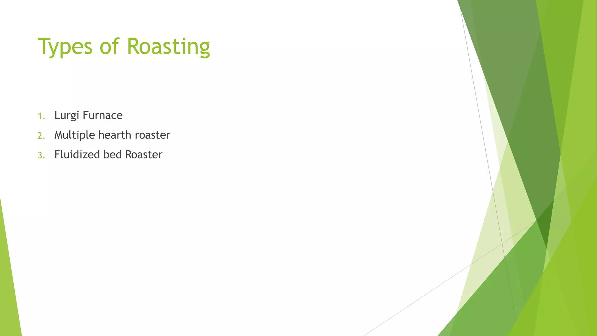 Types of Roasting
1. Lurgi Furnace
2. Multiple hearth roaster
3. Fluidized bed Roaster
 