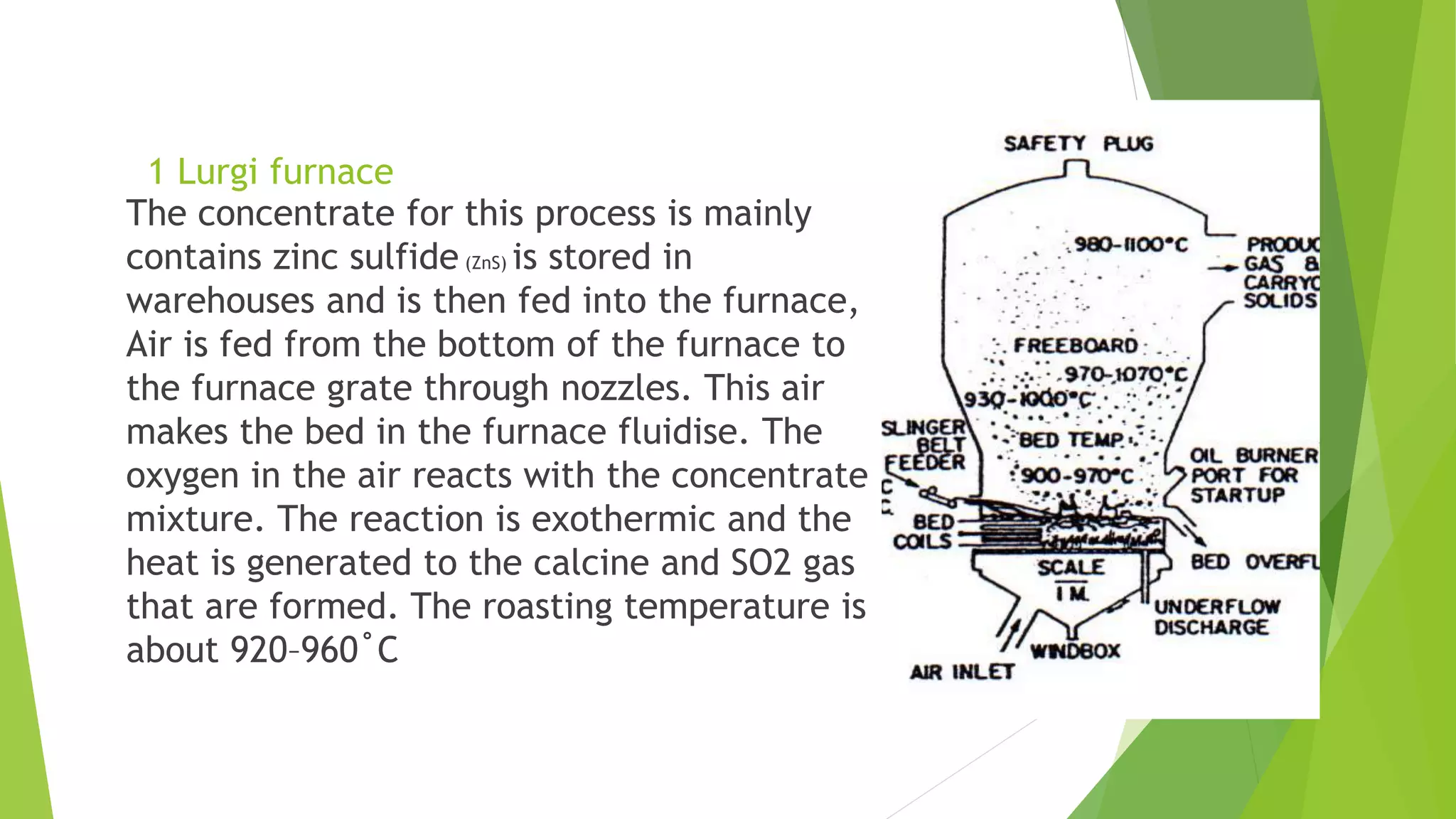 1 Lurgi furnace
The concentrate for this process is mainly
contains zinc sulfide (ZnS) is stored in
warehouses and is then fed into the furnace,
Air is fed from the bottom of the furnace to
the furnace grate through nozzles. This air
makes the bed in the furnace fluidise. The
oxygen in the air reacts with the concentrate
mixture. The reaction is exothermic and the
heat is generated to the calcine and SO2 gas
that are formed. The roasting temperature is
about 920–960˚C
 