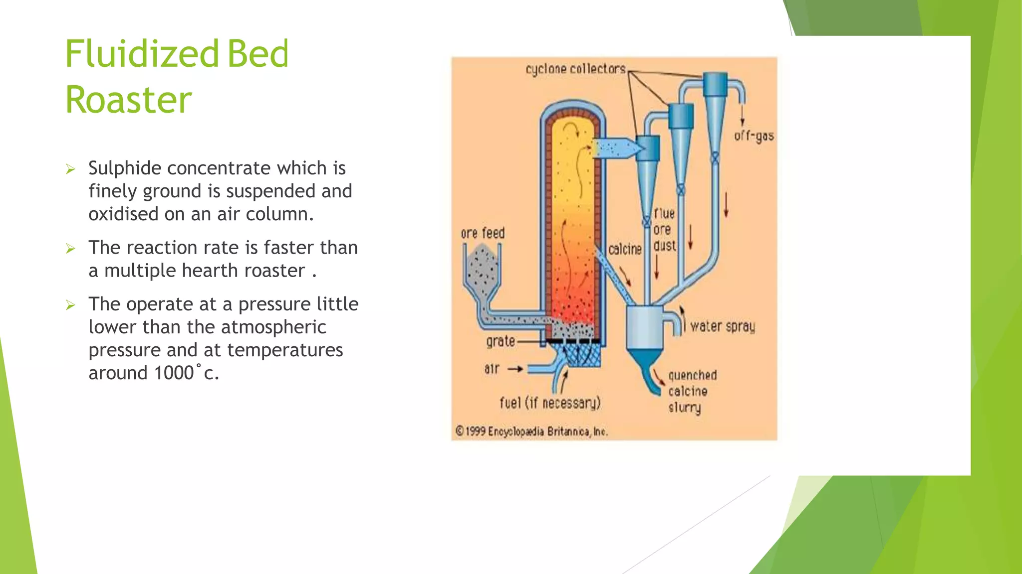 Fluidized Bed
Roaster
 Sulphide concentrate which is
finely ground is suspended and
oxidised on an air column.
 The reaction rate is faster than
a multiple hearth roaster .
 The operate at a pressure little
lower than the atmospheric
pressure and at temperatures
around 1000˚c.
 