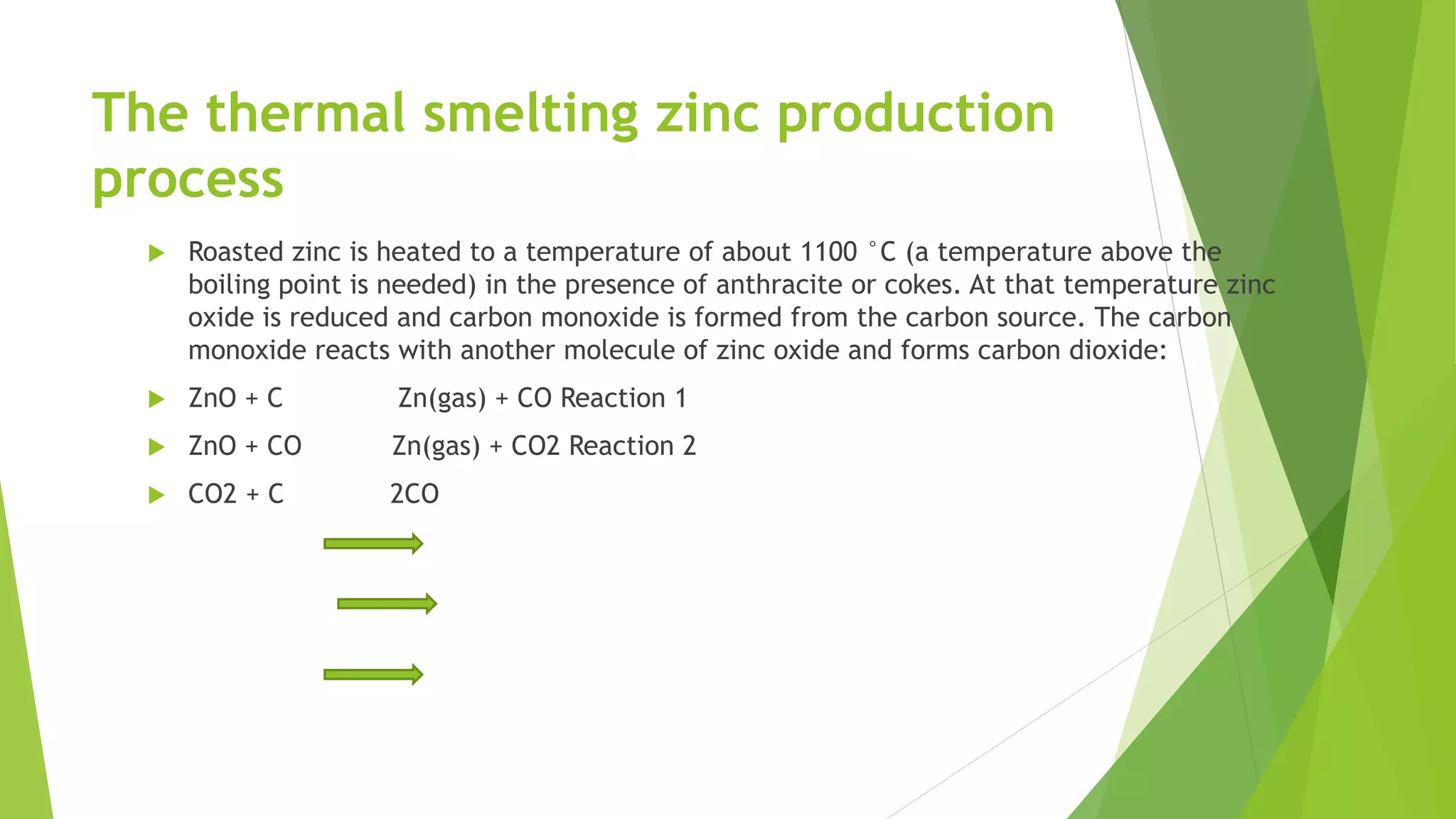 The thermal smelting zinc production
process
 Roasted zinc is heated to a temperature of about 1100 °C (a temperature above the
boiling point is needed) in the presence of anthracite or cokes. At that temperature zinc
oxide is reduced and carbon monoxide is formed from the carbon source. The carbon
monoxide reacts with another molecule of zinc oxide and forms carbon dioxide:
 ZnO + C Zn(gas) + CO Reaction 1
 ZnO + CO Zn(gas) + CO2 Reaction 2
 CO2 + C 2CO
 