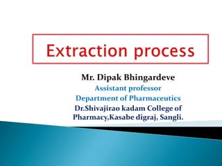 Mr. Dipak Bhingardeve
Assistant professor
Department of Pharmaceutics
Dr.Shivajirao kadam College of
Pharmacy,Kasabe digraj, Sangli.
 