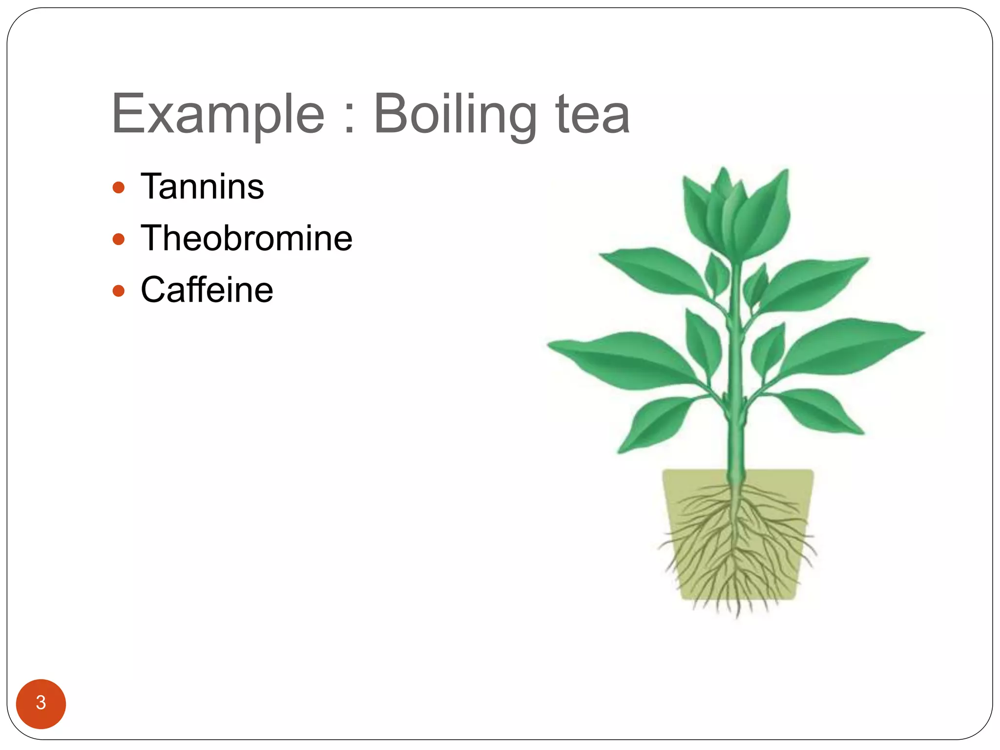 Example : Boiling tea
3
 Tannins
 Theobromine
 Caffeine
 