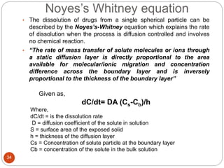 Noyes’s Whitney equation
34
• The dissolution of drugs from a single spherical particle can be
described by the Noyes’s-Whitney equation which explains the rate
of dissolution when the process is diffusion controlled and involves
no chemical reaction.
• “The rate of mass transfer of solute molecules or ions through
a static diffusion layer is directly proportional to the area
available for molecular/ionic migration and concentration
difference across the boundary layer and is inversely
proportional to the thickness of the boundary layer”
Given as,
dC/dt= DA (Cs-Cb)/h
Where,
dC/dt = is the dissolution rate
D = diffusion coefficient of the solute in solution
S = surface area of the exposed solid
h = thickness of the diffusion layer
Cs = Concentration of solute particle at the boundary layer
Cb = concentration of the solute in the bulk solution
 