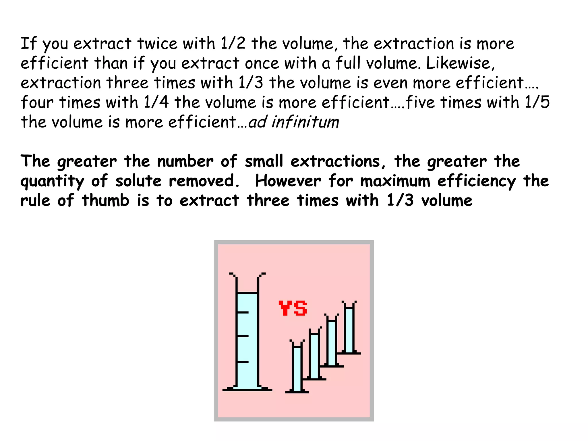 If you extract twice with 1/2 the volume, the extraction is more
efficient than if you extract once with a full volume. Likewise,
extraction three times with 1/3 the volume is even more efficient….
four times with 1/4 the volume is more efficient….five times with 1/5
the volume is more efficient…ad infinitum

The greater the number of small extractions, the greater the
quantity of solute removed. However for maximum efficiency the
rule of thumb is to extract three times with 1/3 volume
 
