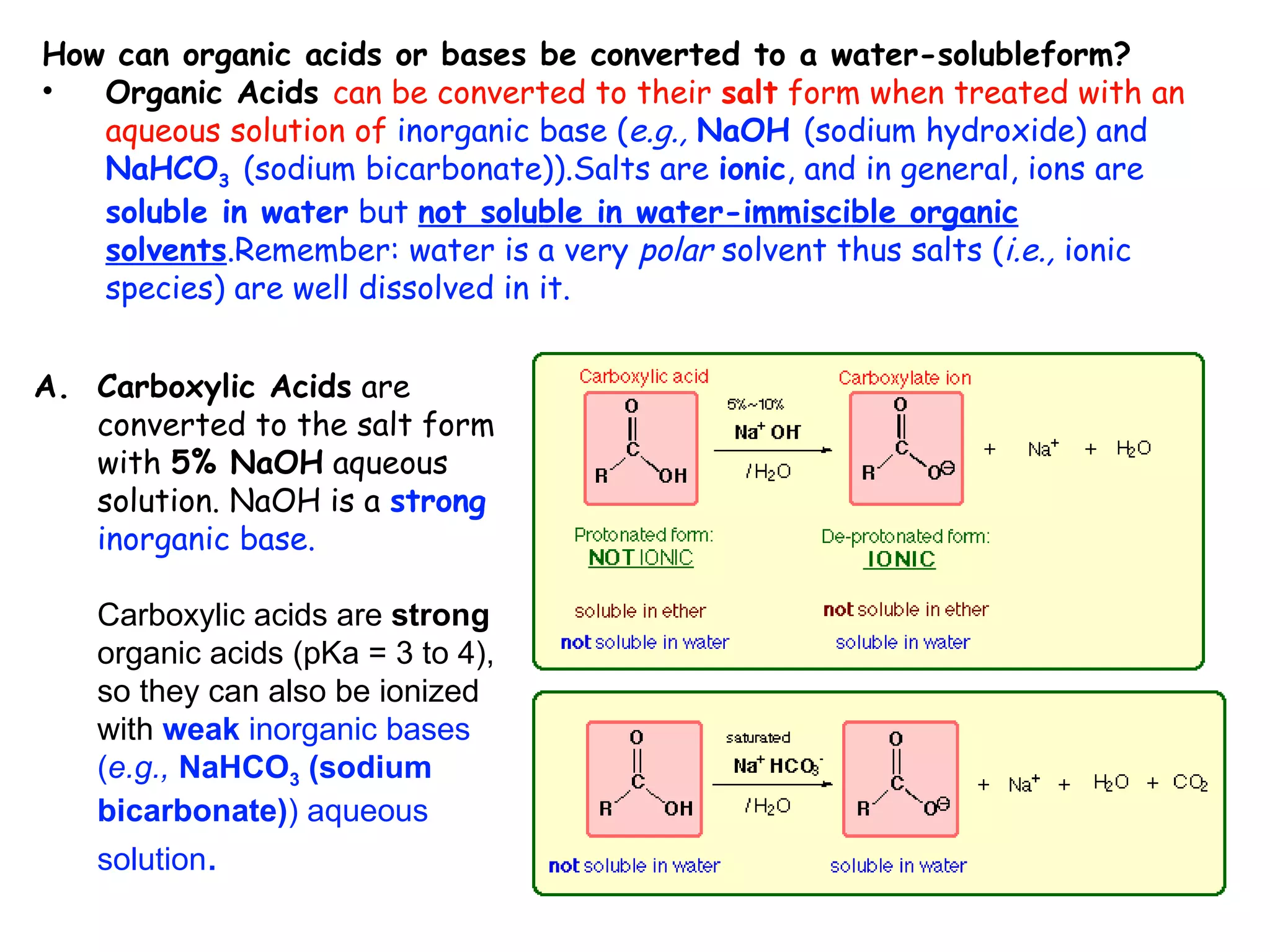 How can organic acids or bases be converted to a water-solubleform?
•  Organic Acids can be converted to their salt form when treated with an
   aqueous solution of inorganic base (e.g., NaOH (sodium hydroxide) and
   NaHCO3 (sodium bicarbonate)).Salts are ionic, and in general, ions are
   soluble in water but not soluble in water-immiscible organic
   solvents.Remember: water is a very polar solvent thus salts (i.e., ionic
   species) are well dissolved in it.


A. Carboxylic Acids are
   converted to the salt form
   with 5% NaOH aqueous
   solution. NaOH is a strong
   inorganic base.

   Carboxylic acids are strong
   organic acids (pKa = 3 to 4),
   so they can also be ionized
   with weak inorganic bases
   (e.g., NaHCO3 (sodium
   bicarbonate)) aqueous
   solution.
 