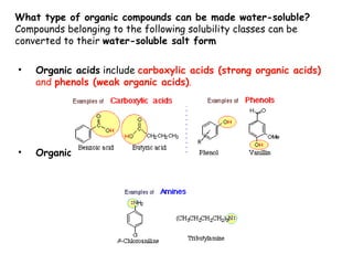 What type of organic compounds can be made water-soluble?
Compounds belonging to the following solubility classes can be
converted to their water-soluble salt form

•   Organic acids include carboxylic acids (strong organic acids)
    and phenols (weak organic acids).




•   Organic bases includes amines
 